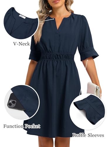 Loemes Womens Casual Work Drop Waist Sunresses Business V Neck Midi Ruffle Sleeve Solid Color Flowy Summer Dress with Pockets2