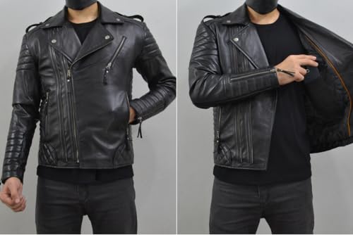 Image of Mens Leather Jacket - Biker Leather Jacket For Men - Lightweight Slim Mens Leather Motorcycle Jackets Black Real Lambskin