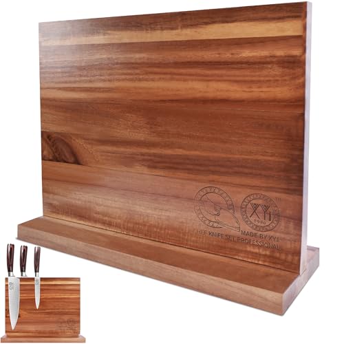 XYJ Authentic Since 1986, Magnetic Knife Block, Double Side Kitchen Knife Stand, Acacia Wood, Magnetic Knife Holder with Strong Enhanced Magnets, Knives Storage Rack Stand for Home Kitchen