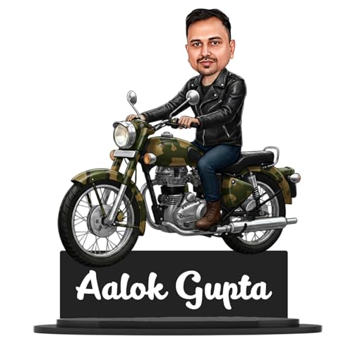 Image of Taxton Custom Bike Rider Caricature Personalized Wooden Bike Photo Frame for Men | 7.5 Inch Durable Double Wood Print with Acrylic Name Plate (Army)