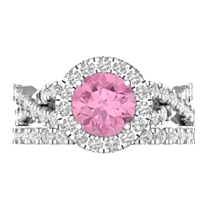 Clara Pucci 2.37ct Round Cut Halo Split Shank Solitaire with Accent Pink Zircon Statement Bridal Wedding Ring Band Set 14k White Gold