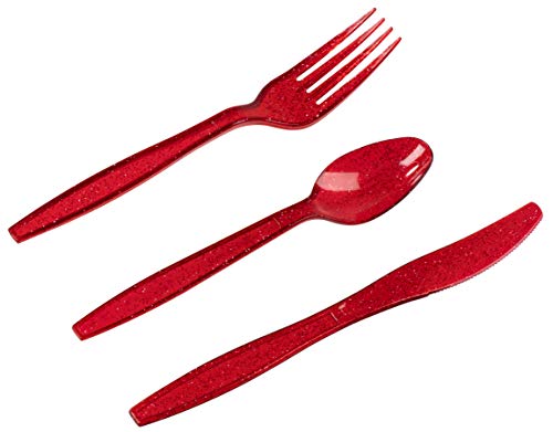 Christmas Disposable Silverware Set, Plastic Cutlery (Red Glitter, 96 Pieces)