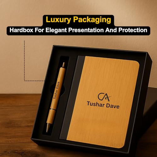 Image of Personalised Diary and Pen Set with Name or Logo with Gift Box | Bamboo Cover Diary and Pen Eco-Friendly Set | Customized Corporate Gift, Executive Office Gift, Birthday Gift for Men & Women