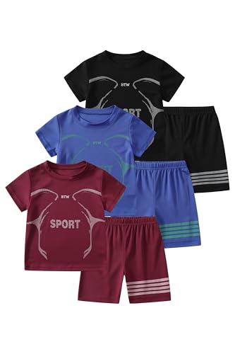 Fdqin Boys 6 Piece Summer Athletic Outfits Sets Shorts Sleeve Quick Dry Workout Tops and Mesh Shorts Deep Red/Blue/Black 9-10 Years