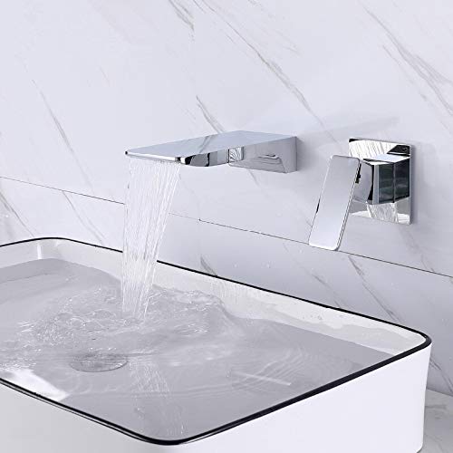 Robinet de lavabo mural brossé doré avec mitigeur de salle bains carré