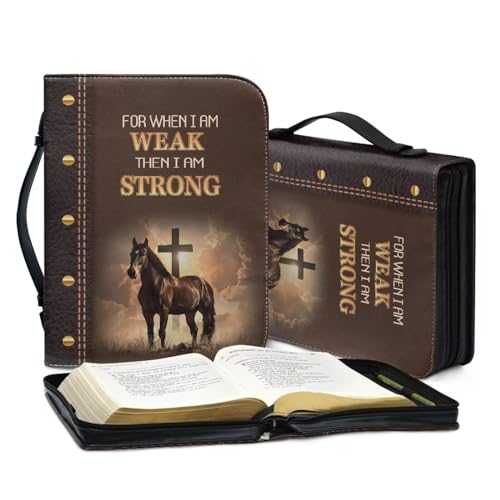 Image of Talayituse Cross Horse Print Bible Covers for Women Men for When I am Weak Then I am Strong PU Leather Christian Bible Case Bible Bag Book Carrying Case Christian Bible Accessories with Handle, M