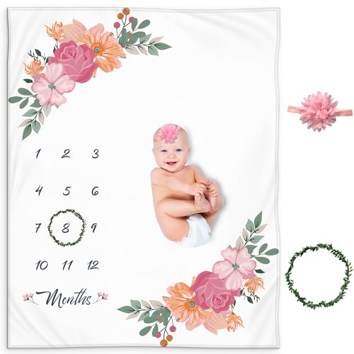 Image of KEMINA Baby Girl Monthly Milestone Blanket – 50x40 Floral Fleece Blanket with Wreath, Headband & Chalkboard – Soft Photo Prop for Newborn Baby Pictures, Monthly Tracker