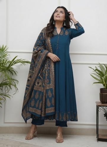 Image of GoSriKi Women's Rayon Viscose Anarkali Printed Kurta Pant with Dupatta | Anarkali Kurta Set for Women | Flared Kurti Pant Set | Ethnic Printed Suit for Women