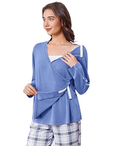 Deyeek Women's Post Shoulder Surgery Shirts Long Sleeve V-Neck Wrap Chemo Blouses Easy Access Adaptive Snap Dialysis Shirts Blue