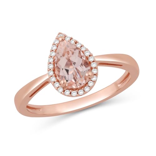 Jewelili 10K Rose Gold Halo Ring for Women | 8X5 MM Pear Cut Morganite & Natural White Round Diamonds | Ring Size 7 | Luxury Jewelry Gift for Her | Gift Box Included