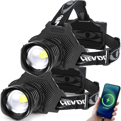 Aikertec Rechargeable LED Headlamp 99000 Lumen, Super Bright Head Lamp Flashlight with 5 Lighting Modes, IPX6 Waterproof, Zoomable Headlight for Camping, Hiking, Fishing, Biking, Running (2 Pack)