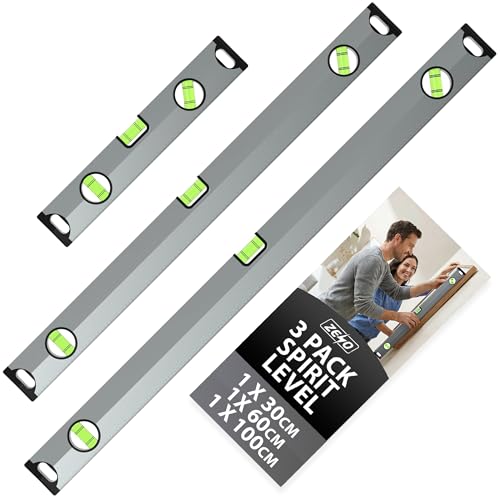 ZENO Spirit Level 3 Set | Shock Proof Spirit Level Set | Torpedo Level with Magnetic Base | 3 Bubbles 45 90 180 | Silver | 300mm 600mm 1000mm