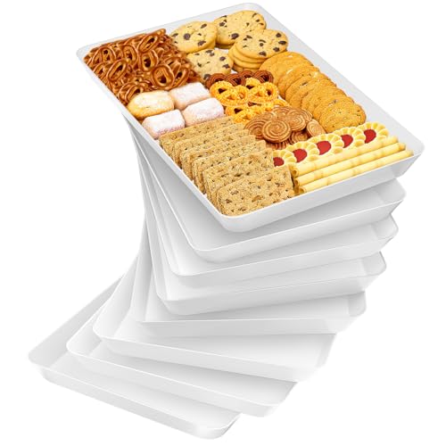 SpaceTrove 8-Pack Serving Tray Set, Reusable Plastic Serving Platter for Party Supplies, Entertaining, Grilling Accessories, Stackable Kitchen Snack Box Container for Dessert, Fruit, Cookie, (White)