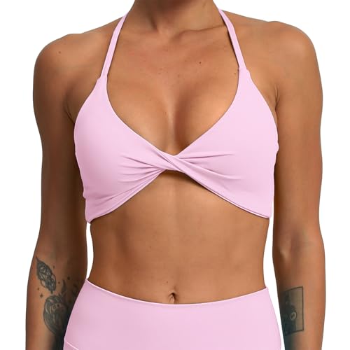 ABOCIW Sports Bras for Women Twist Front Padded Yoga Bra Low Medium Impact Gym Bra Workout Crop Tank Tops 1 Baby Pink Medium