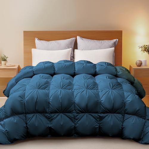 Deodar Edredón 135x200,Todas Las Estaciones,Relleno de plumón,1135g de Relleno de plumón y Plumas,Funda 100% algodón,Estructura esponjosa 3D,Transpirable cálido,Lavable,Oeko-Tex,RDS,Azul Marino-Nuevo