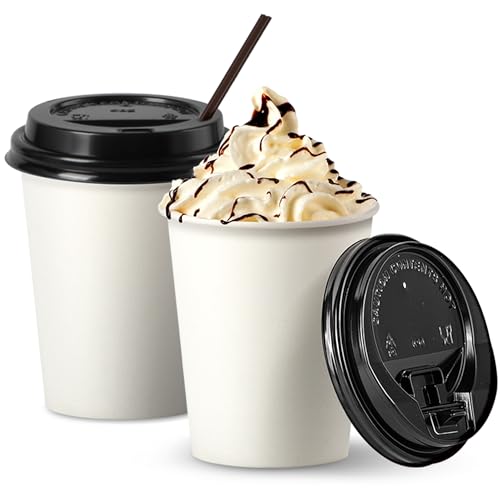 Fit Meal Prep 100 Pack 8 oz Disposable Coffee Cups with Lids and Stirrers, Premium To Go Coffee Cups with Lids, Leak Proof Paper Travel Coffee Cups for Cold/Hot Beverage, Durable for Office Business