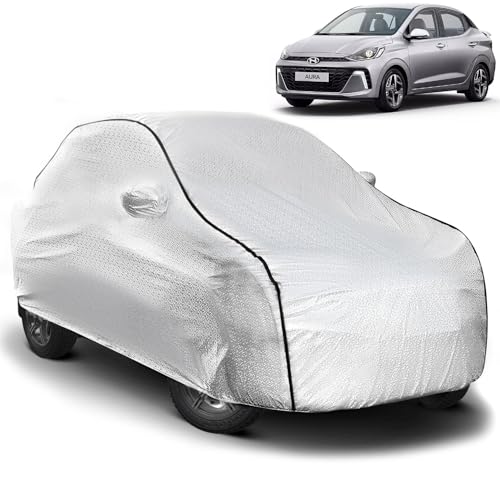 Image of Pivalo Car Cover for Hyundai Aura All Model & Years (2020-2025) 100% Waterproof with Mirror Pockets, Triple Stitched Bottom Elastic Dustproof Full Body Protection (Heat & UV Resistant, Silver)