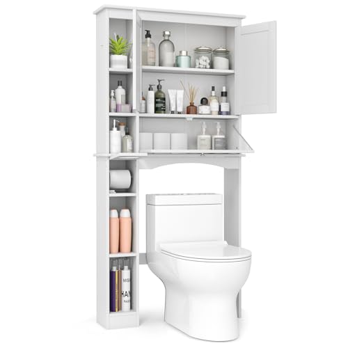 LIFEZEAL Meuble de toilette Blanc, meuble WC avec 3 portes et étagères réglables, meuble de WC indépendant, meuble pour machine à laver pour salle de...