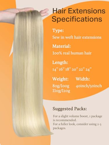 Image of DOORES Weft Remy Hair Extensions Human Hair, 16 Inch 100g Balayage Ash Blonde to Golden Blonde and Platinum Blonde, Sew In Bundles