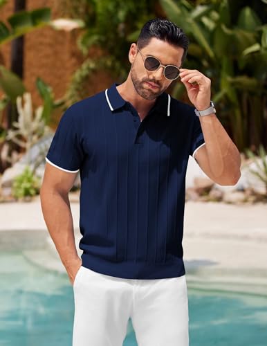Image of COOFANDY Mens Knit Polo Shirts Short Sleeve Ribbed Textured Polo Shirt Lightweight Casual Golf Shirts Collared T Shirt