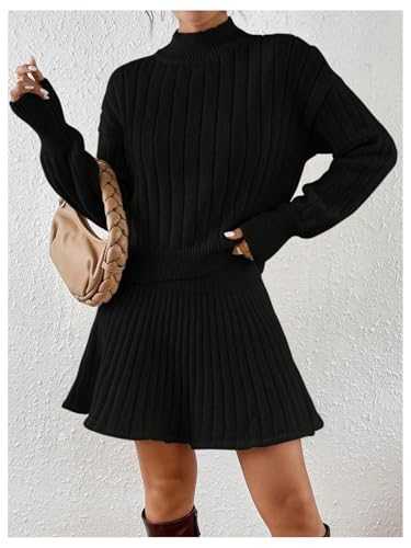 Image of MakeMeChic Women's Sweater Skirt Sets 2 Piece Outfits Ribbed Knit Mock Neck Sweater Pullovers A Line Mini Skirt Set