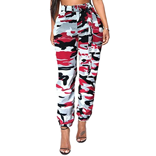 BGKKTLW Pantalones cargo de camuflaje para mujer, cintura alta, ajustados, pantalones de camuflaje con bolsillo y cinturón, rosso, L