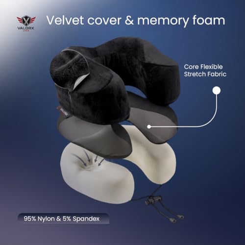 Image of Premium Memory Foam Neck Pillow by ValorX USA for Travelling 360 Neck Support with Ultra-Soft Lightweight Velvet Cover & Free Travel Pouch, Black