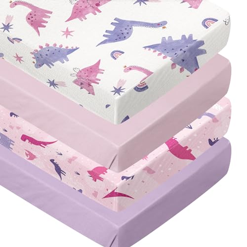 Image of 4 Pack Dinosaur Crib Sheets for Girls, Breathable Fitted Standard Crib Mattress Sheets, Baby Gift Set
