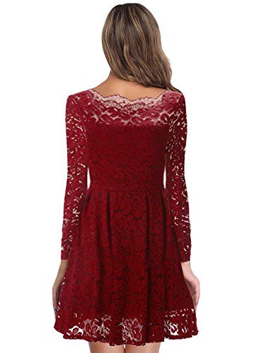 Beauty-Emily Women's 1950s Vintage Lace Dress Long Sleeve Short Party Dresses Slim Formal Dress,Color Burgundy, Size XL