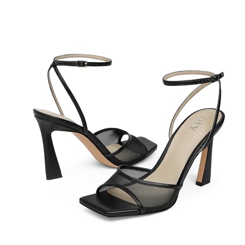 Image of QIY Strappy Heels for Women Heeled Sandals Square Toe Heel Ankle Strap Stiletto Mesh High Heels Dress Shoes
