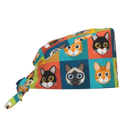 Anceky Gorro quirúrgico Ajustable con Estampado de Gato para Hombre y Mujer, con Banda para el Sudor y Lazo en la Espalda.