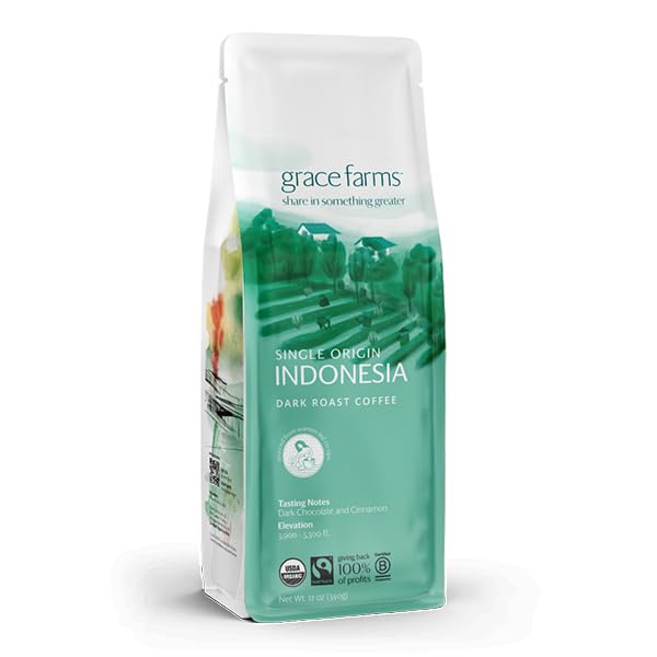 Grace Farms, Organic Whole Bean Coffee, Single Origin Indonesia Dark Roast, 12oz Bag, 1 Count | Notes of Dark Chocolate & Cinnamon | Gives Back 100% of ProfitsUSDA OrganicFairtrade InternationalFairtrade InternationalFairtrade InternationalFairtrade International