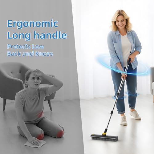 Image of Scrub Brush with Long Handle, Floor Scrub Brush Squeegee Broom for Cleaning, 3 in 1 Shower Scrubber Floor Broom Squeegee for Concrete Tile Wall Deck Patio Special Black