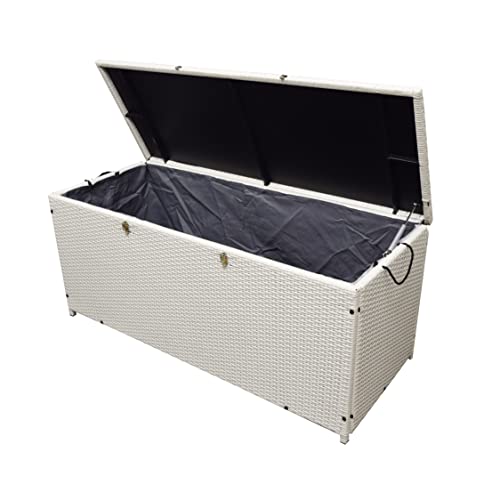 Image of Oakland Living White Indoor and Outdoor Balcony Patio Deck Porch Pool 113 Gallon Wicker Storage Box Trunk Bin with Metal Frame