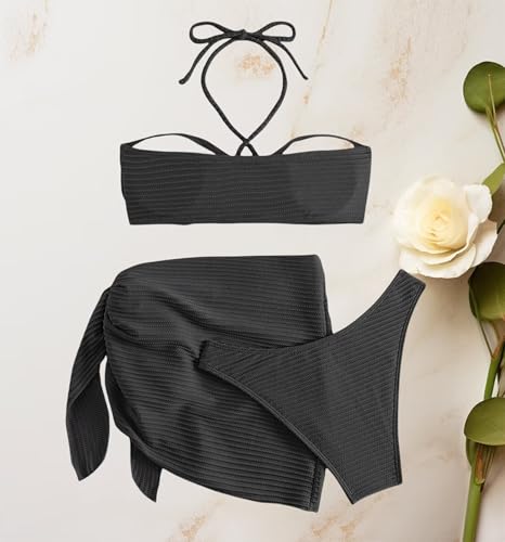 Women's 3 Piece Bikini Swimsuit Halter Ring Bathing Suit Criss Cross Swimwear with Cover Up Beach Skirt3