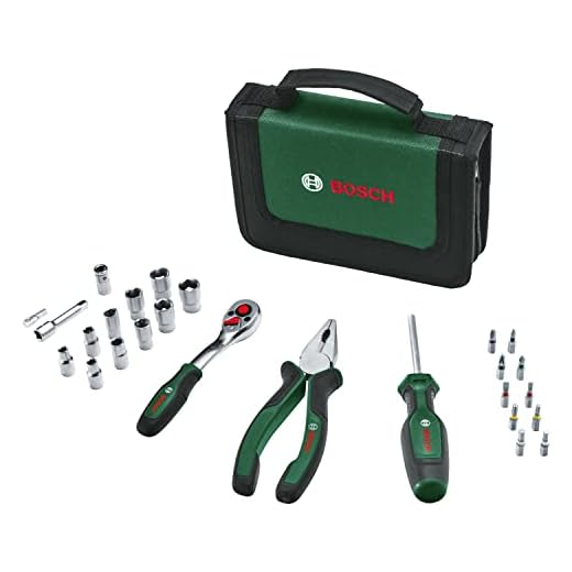 Bosch Mobility Juego de herramientas manuales, 26 piezas (kit de herramientas compacto y portátil para tareas de bricolaje;carraca de 1/4"; alicate combinado; destornillador universal; en bolsa tela)