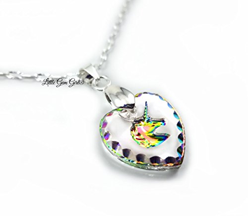 Rainbow Crystal Unicorn Heart Engraved Glass Pendant Necklace 18 inch Silver Chain, Adult Women's Jewelry3