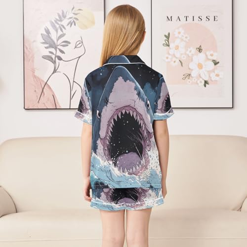 ALAZA Shark Mouth Cartoon Satin Pajamas Set Short Sleeve Button Down Sleepwear Summer Pjs 2 Piece4