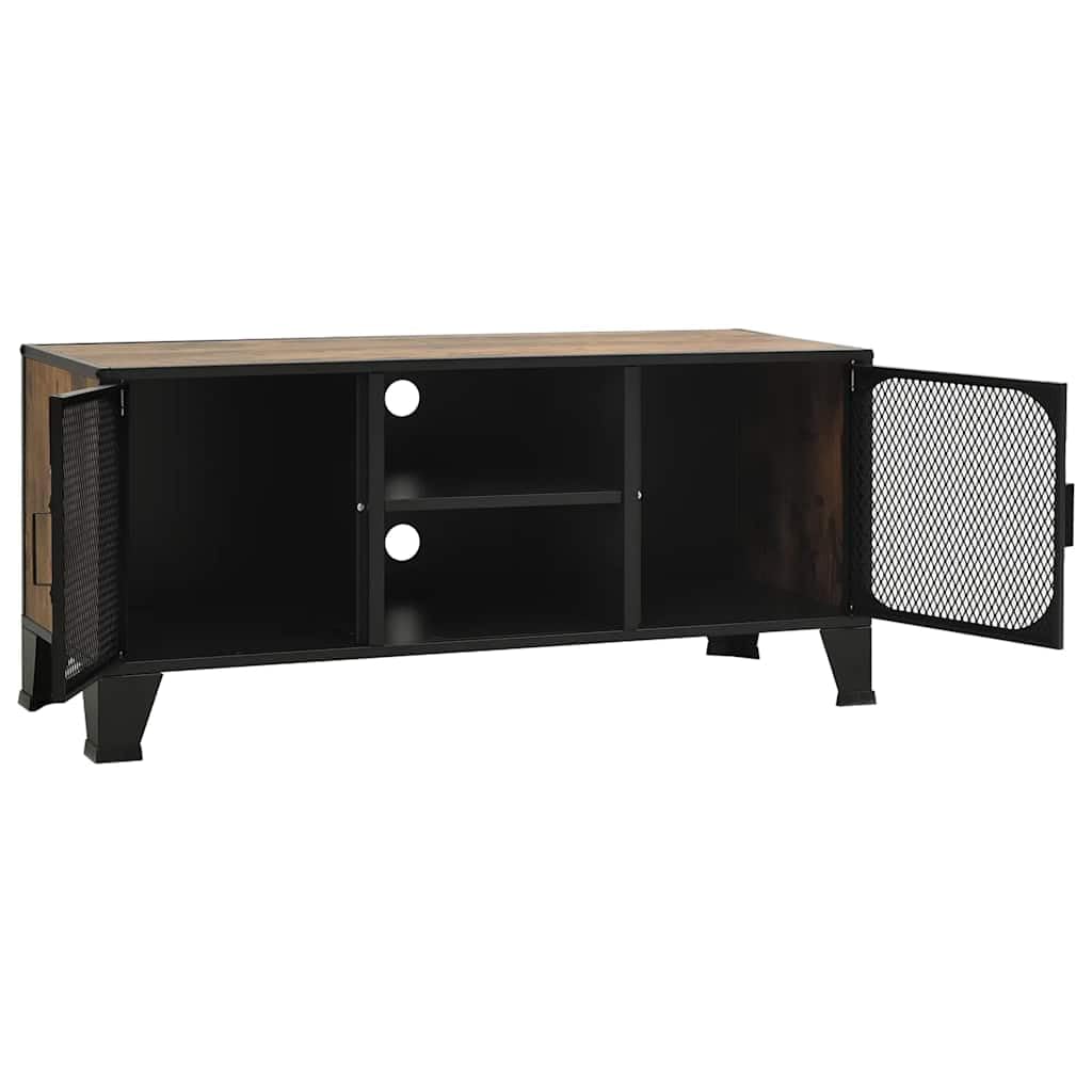 Szafka RTV pod telewizor rustykalny braz 105x36x47cm metal i MDF z dwojgiem drzwiczek siatkowych i polka salon industrialny