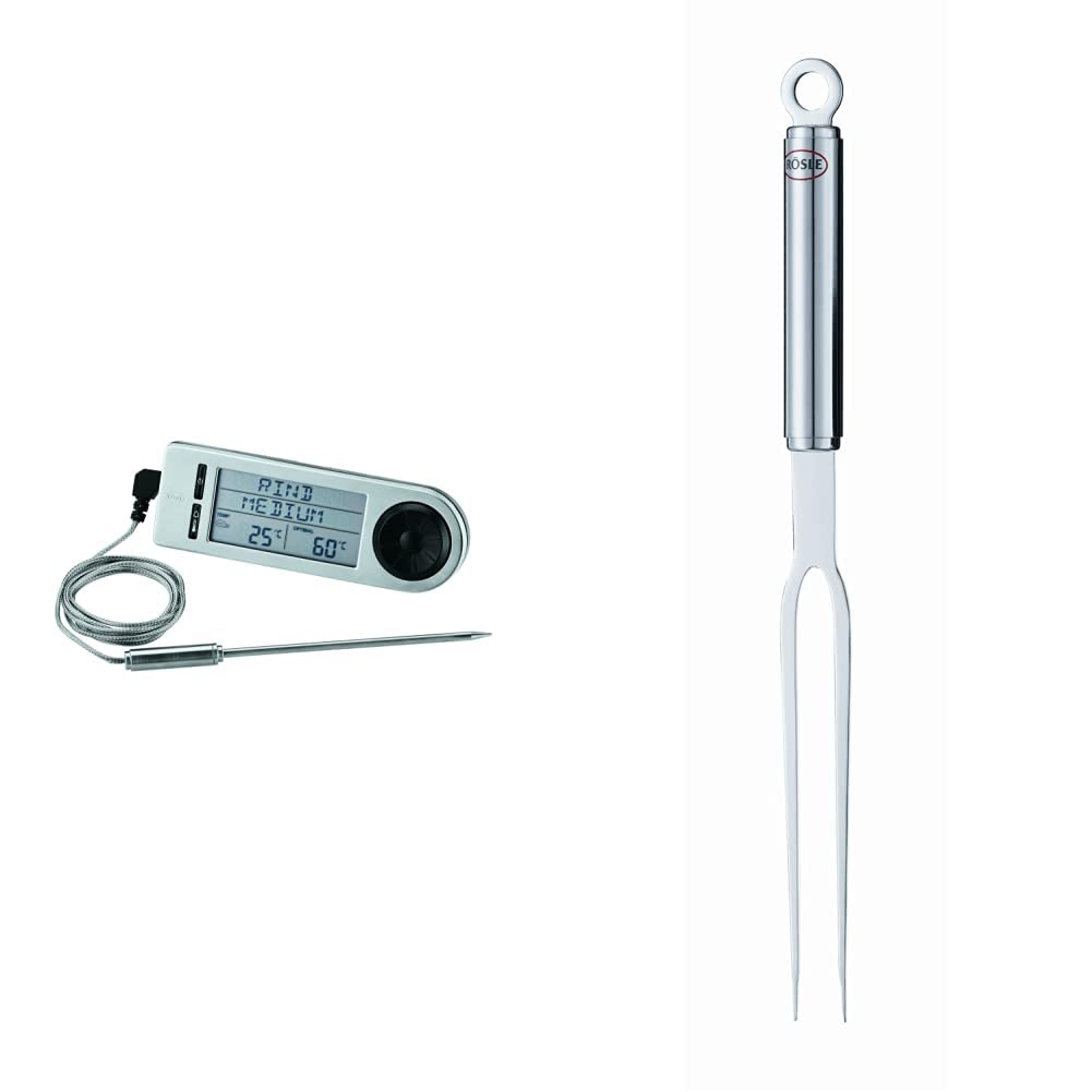 RÖSLE Bratenthermometer digital & Aufschnitt- und Vorlegegabel, Hochwertige Gabel zum Servieren von Fleisch, Wurst und Käse, Edelstahl 18/10, Länge 35 cm, Spülmaschinengeeignet