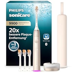 Philips Sonicare DiamondClean 9900 Prestige elektrische Zahnbürste, mit SenseIQ Technologie und App, 5 Putzmodi, 3 Intensitätsstufen, Reiseladeetui, champagner, Modell HX9992/44