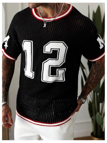 Men's Number Graphic Sweater Hollow Out Crew Neck Short Sleeve Crochet Knit Pullover Jersey Tops4