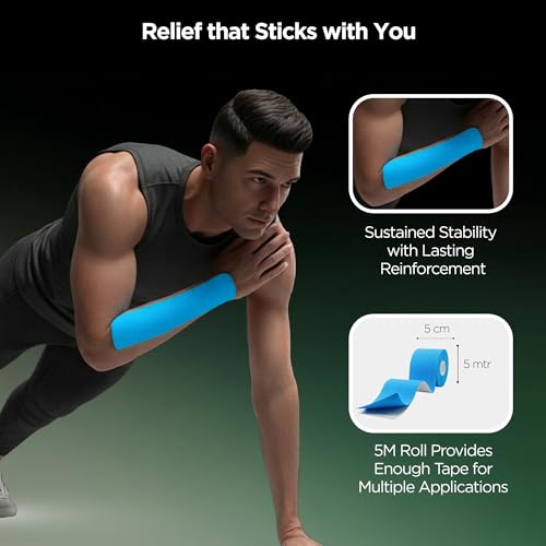 Image of Dr Trust USA Kinesiology Tape For Sports Injury, Muscles Pain Relief, Waterproof Athletic Ktape For Arms, Knee, Shoulder, Legs, Ankle, Adhesive Compression Bandage 5 m X 5 cm (Blue)