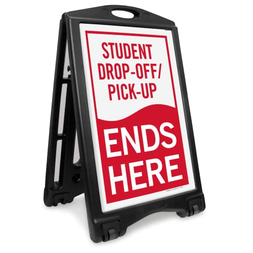SmartSign "Student Drop-Off and Pick-Up Ends Here" Foldable Black A-Frame Sidewalk Sign Kit, 36" x 24", Built-In-Wheels, Double-Sided Portable Plastic Sandwich Board, 2 Sign Panels...