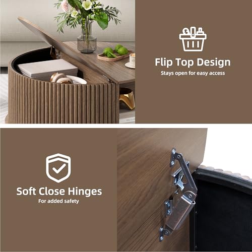 Image of JOINICE 31.5 inch Round Coffee Table with Storage,Unique Bun Feet,Walnut Finish | Mid Century Center Table for Living Room,Hidden Storage,Fluted Sliding Door,Solid Wood Legs,Easy Assembly,Up to 110 lbs