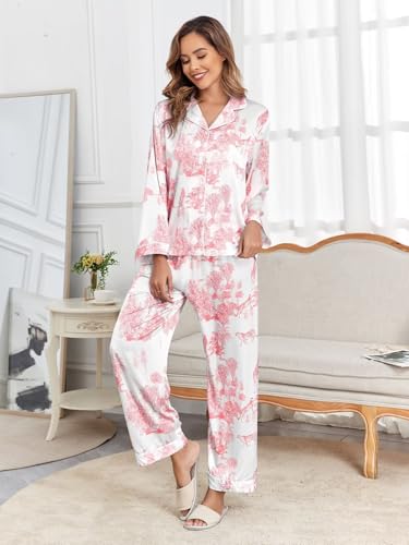 Image of Brosloth Women's Silk Satin Pajamas Pjs Sets Cute Lace Pattern Two Piece Loungewear Set Button Up Pajamas Sleepwear Black