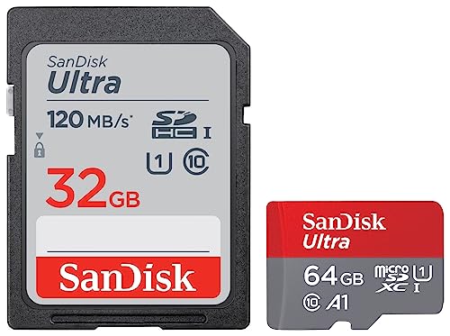 Image of SanDisk Ultra microSDXC UHS-I Card, 64GB, 140MB /s R, 10 Y Warranty, for Smartphones & Ultra SDHC UHS-I Card 32GB 120MB /s R for DSLR Cameras, for Full HD Recording, 10Y Warranty
