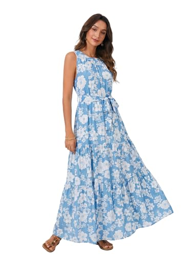 Image of Rooscier Women's Sleeveless Boho Maxi Dress | Halter Neck Print Tiered A Line Beach Dresses