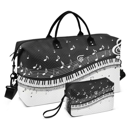 Music Notes Piano Abatract Black Travel Duffle Bag Gym Bag Weekender Bags with Toiletry Bag Travel Trip Tote Bag