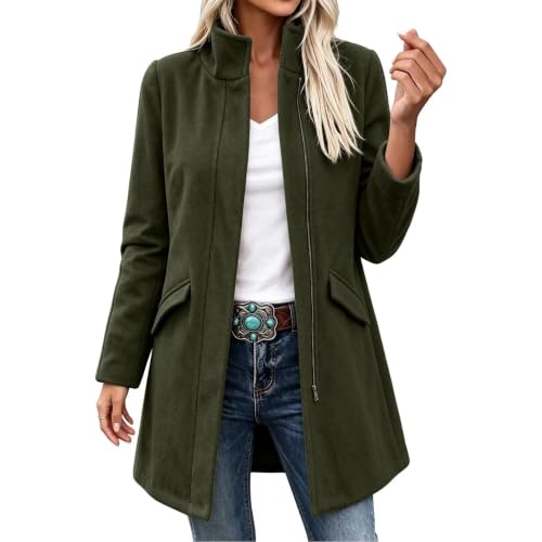 Trench Coat Women Zip Up Stand Collar Side Pocket Casual Jacket Fall Winter - image 8